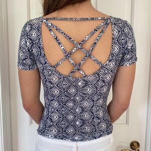 Aeropostale Blue & White Strappy Criss Cross Back Short Sleeve Top Form Fit SzXS
